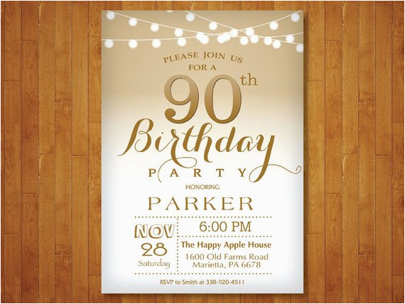 90th birthday invitation gold and white