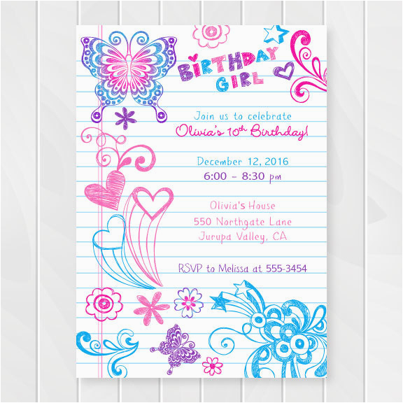 notebook doodles tween birthday invitation girl birthday