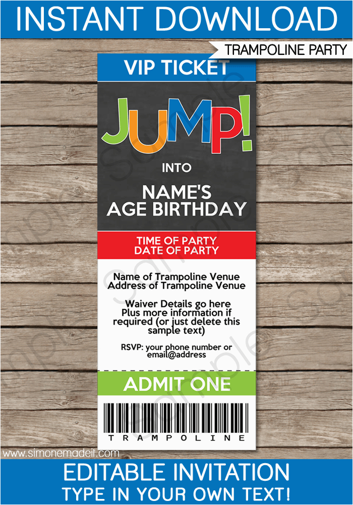 trampoline party ticket invitations