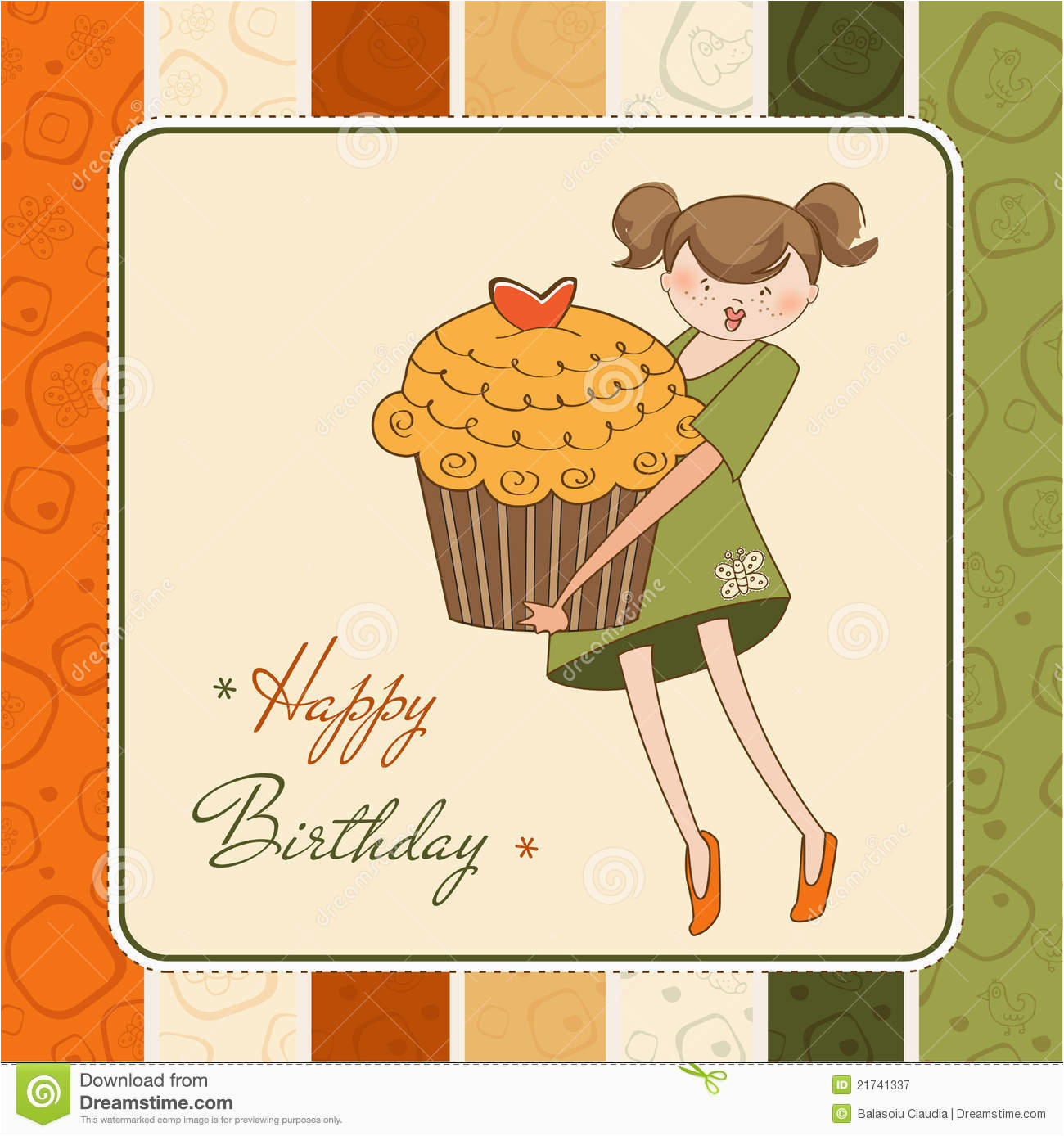 birthday card with funny girl and cupcake stock image
