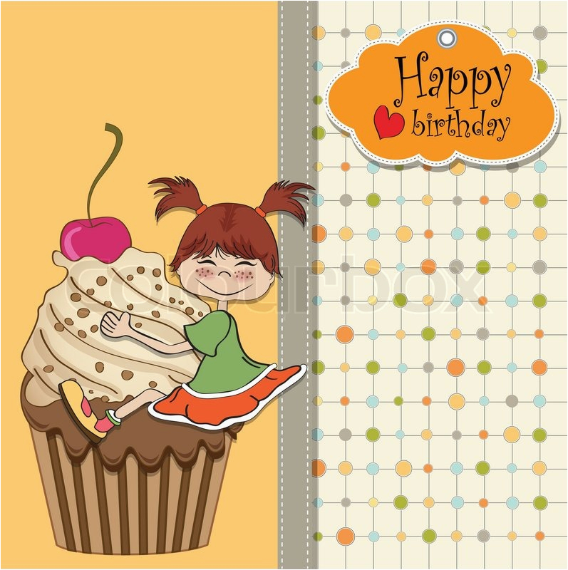 birthday card with funny girl perched on cupcake stock
