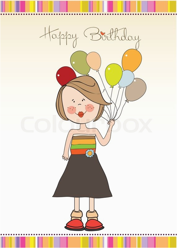 funny girl with balloon birthday greeting card stock