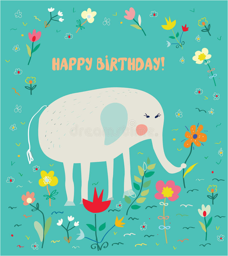 birthday card for kids with elephant and flowers funny