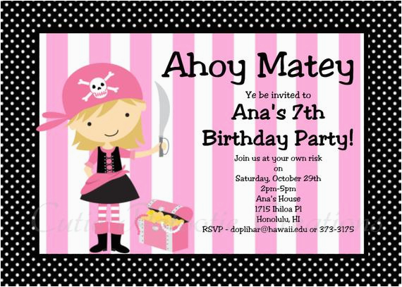 pirate birthday invitation girl pink
