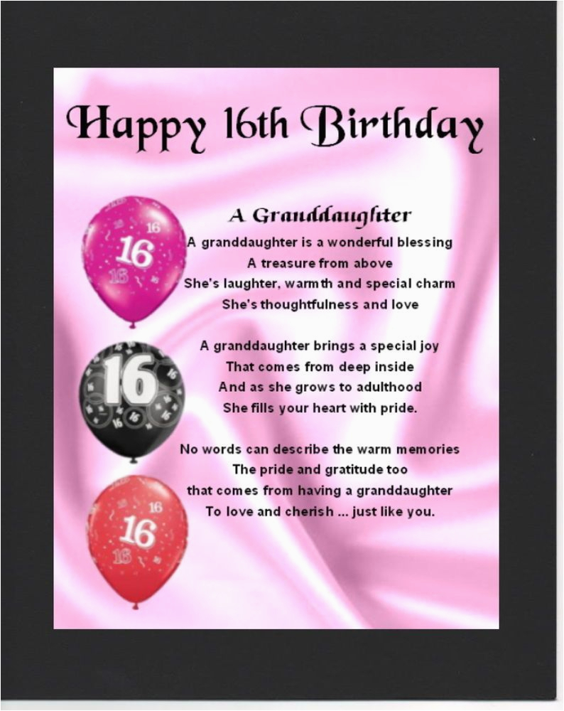 Granddaughter 16th Birthday Cards Personalised Mounted Poem Print 16th