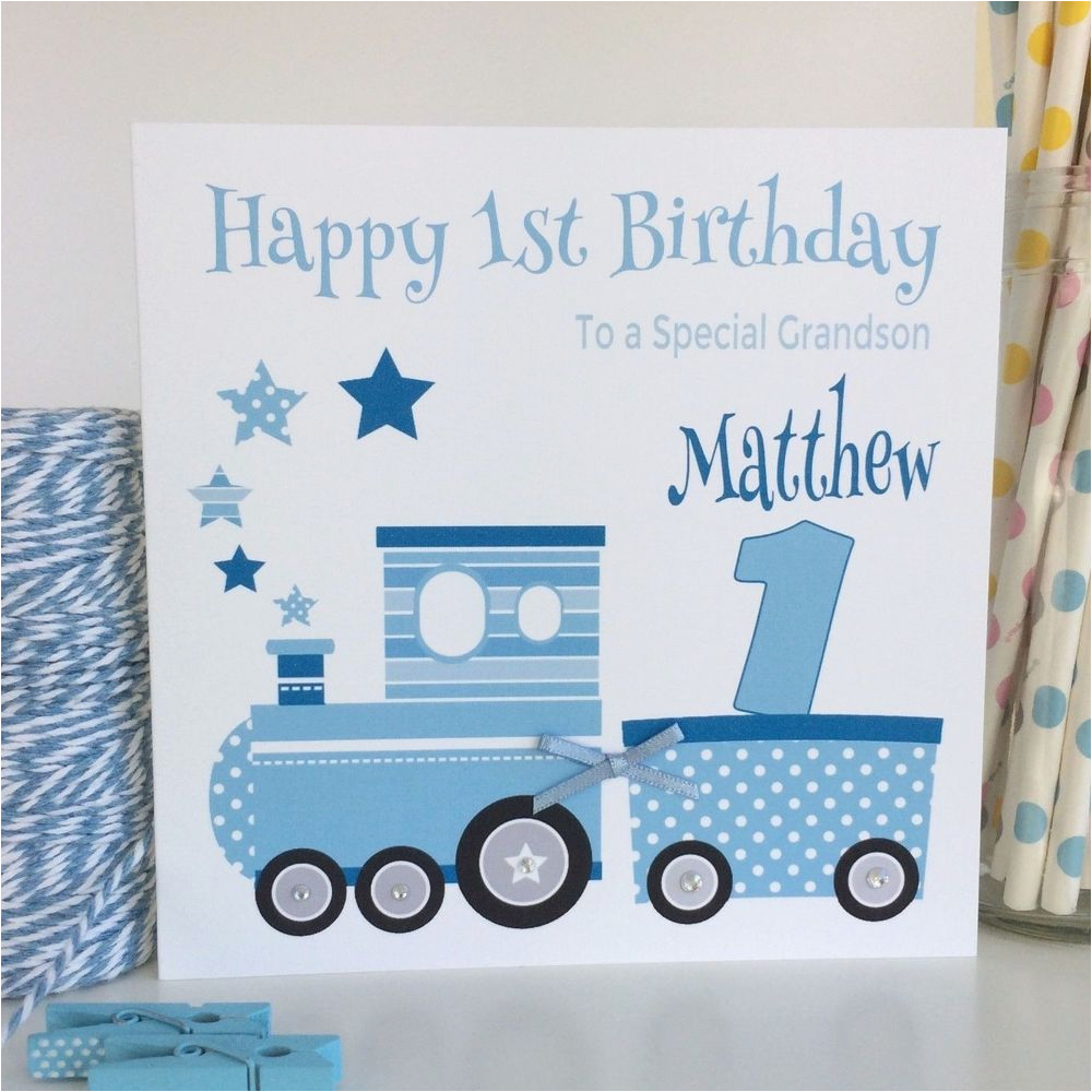 handmade personalised blue train 1st birthday card