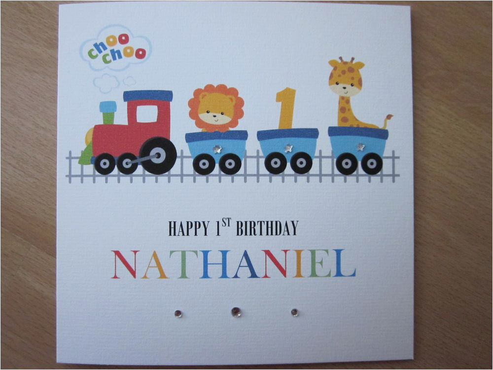 personalised handmade boys train 1st first birthday card