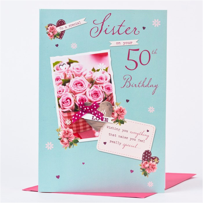50th birthday card sister pink roses
