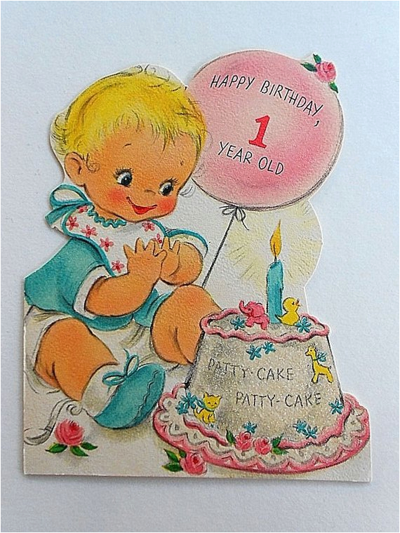 Happy Birthday Card 1 Year Old Vintage Happy Birthday Card Baby Glitter 1 One Year Old Patty