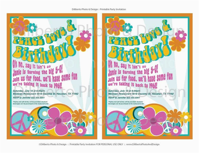 printable party invitation hippie 1960s