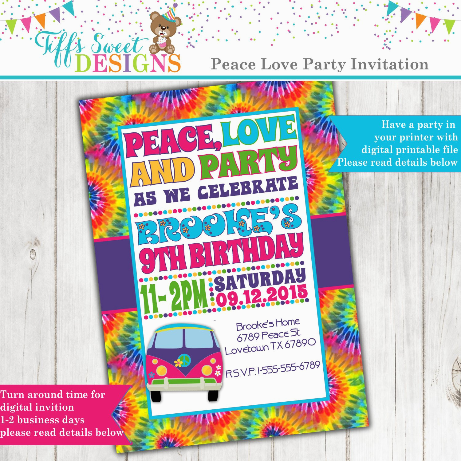 tie dye 60s hippie party invitation