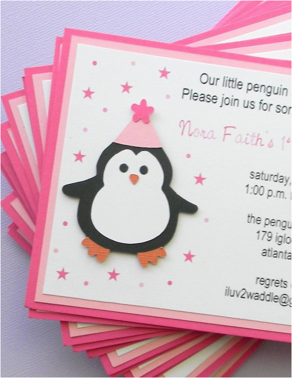 handmade pink penguin birthday party invitations by