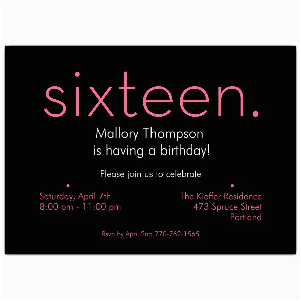 sixteen pink on black 16th birthday invitations p 610 75 217pk