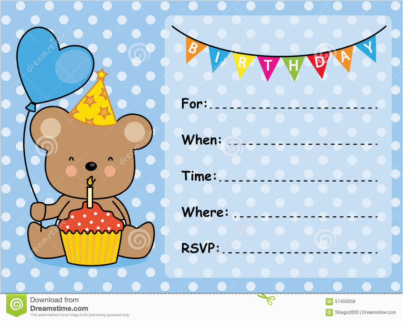 stock illustration invitation card birthday boy bear cupcake balloon image57459258