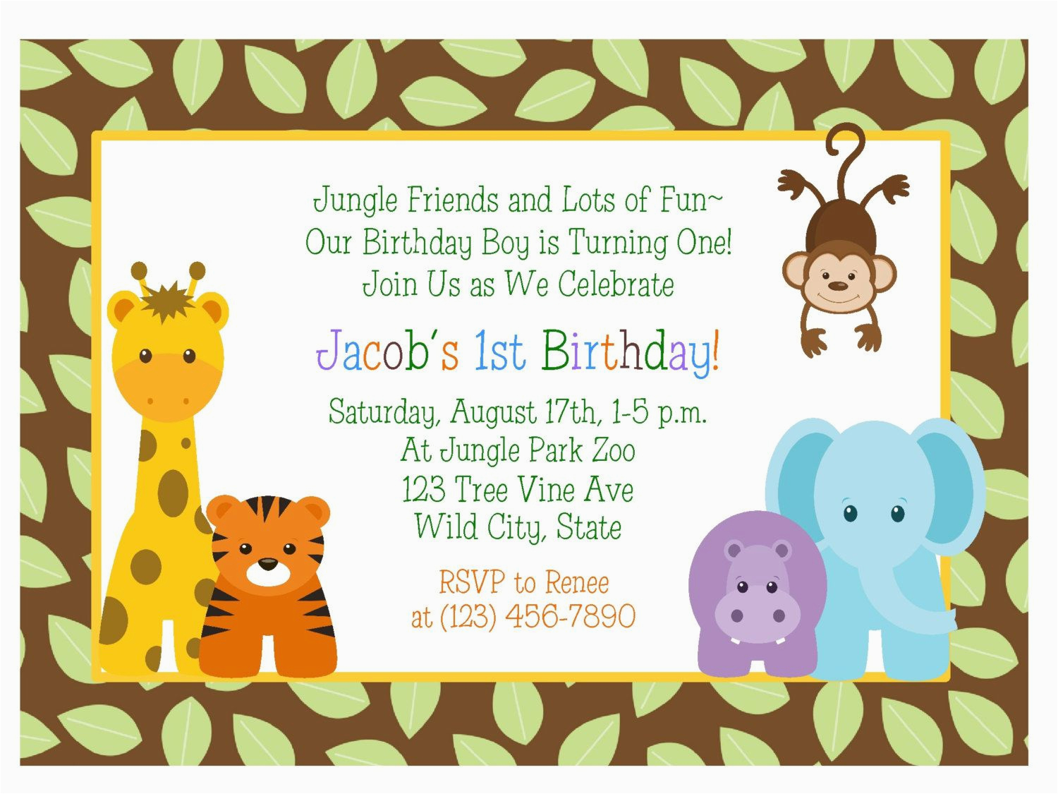 jungle themed 1st birthday invitations