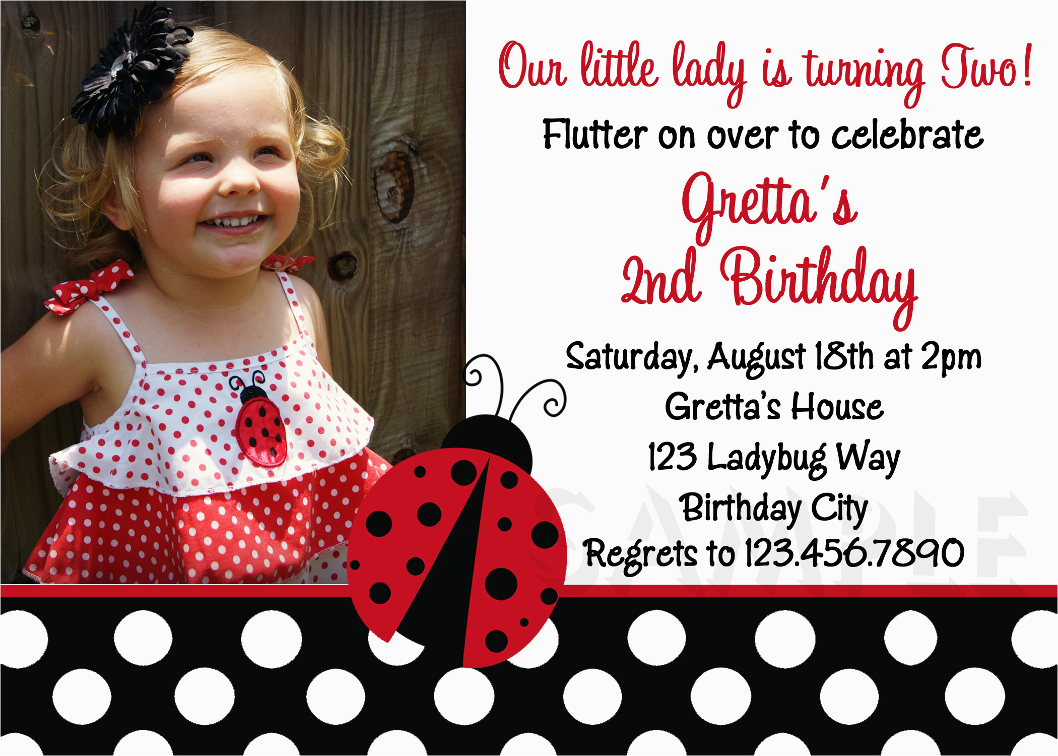 ladybug polka dots red photo birthday invitations
