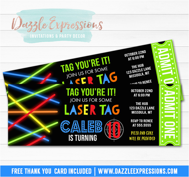 laser tag ticket invitation free thank you card included