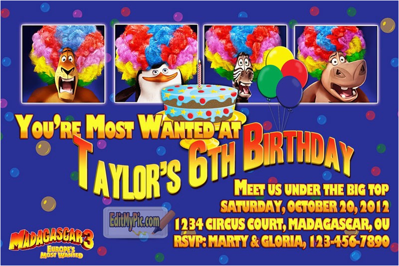 madagascar 3 birthday party invitation custom printable