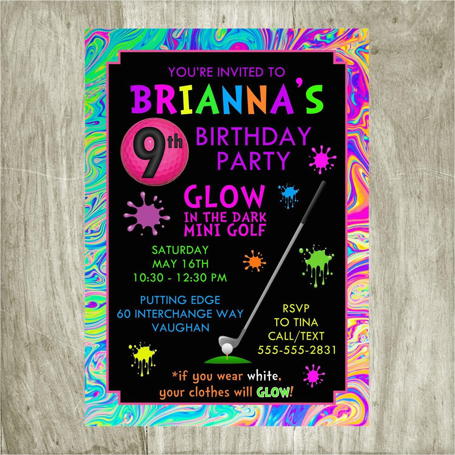 neon mini golf birthday invitation