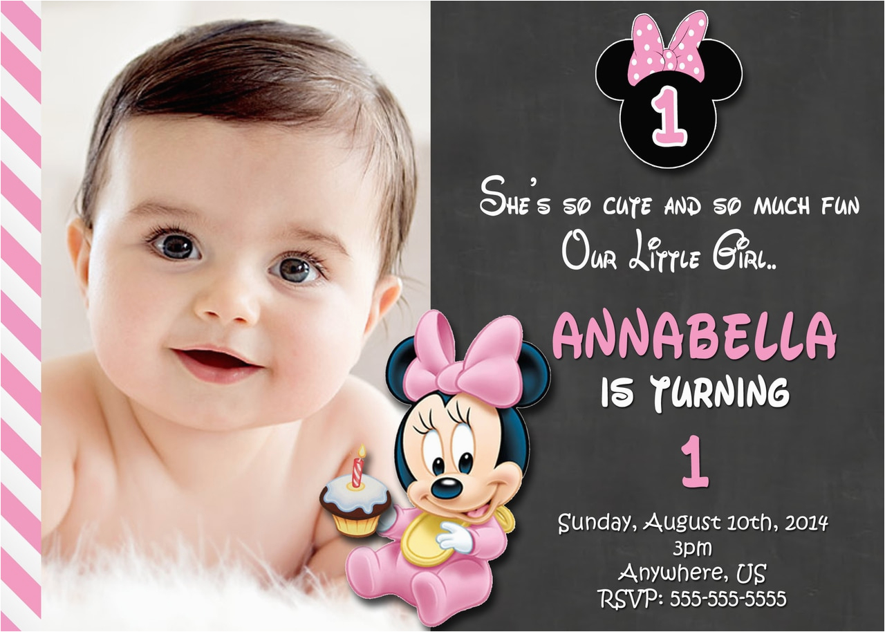 chalkboard baby minnie mouse 1st birthday photo invitations