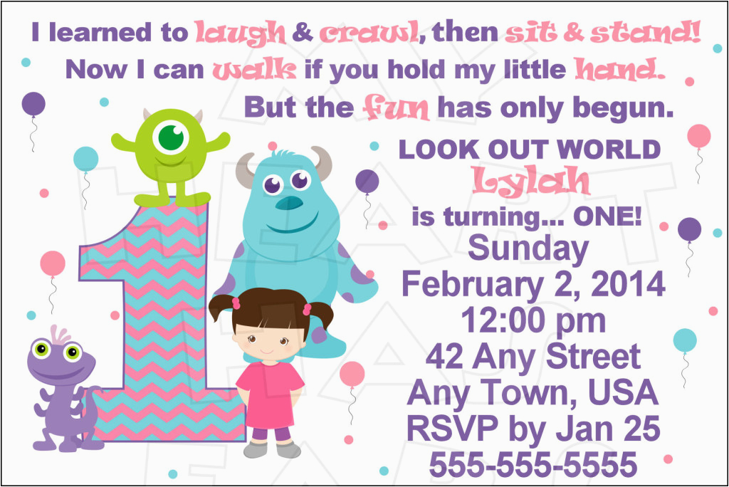baby monsters inc girl 1st birthday custom digital invitation