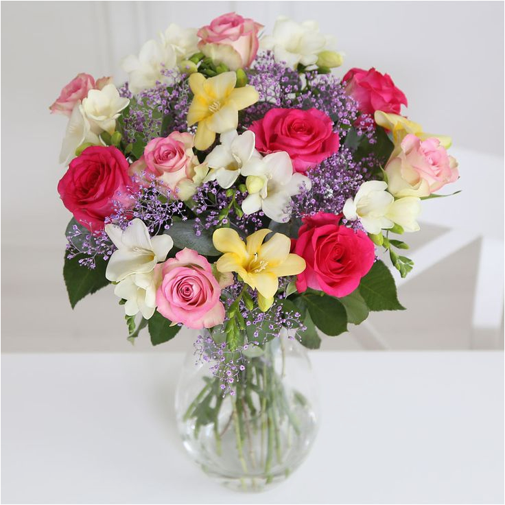 rose and freesia bouquet 30 6 x white freesia 3 x