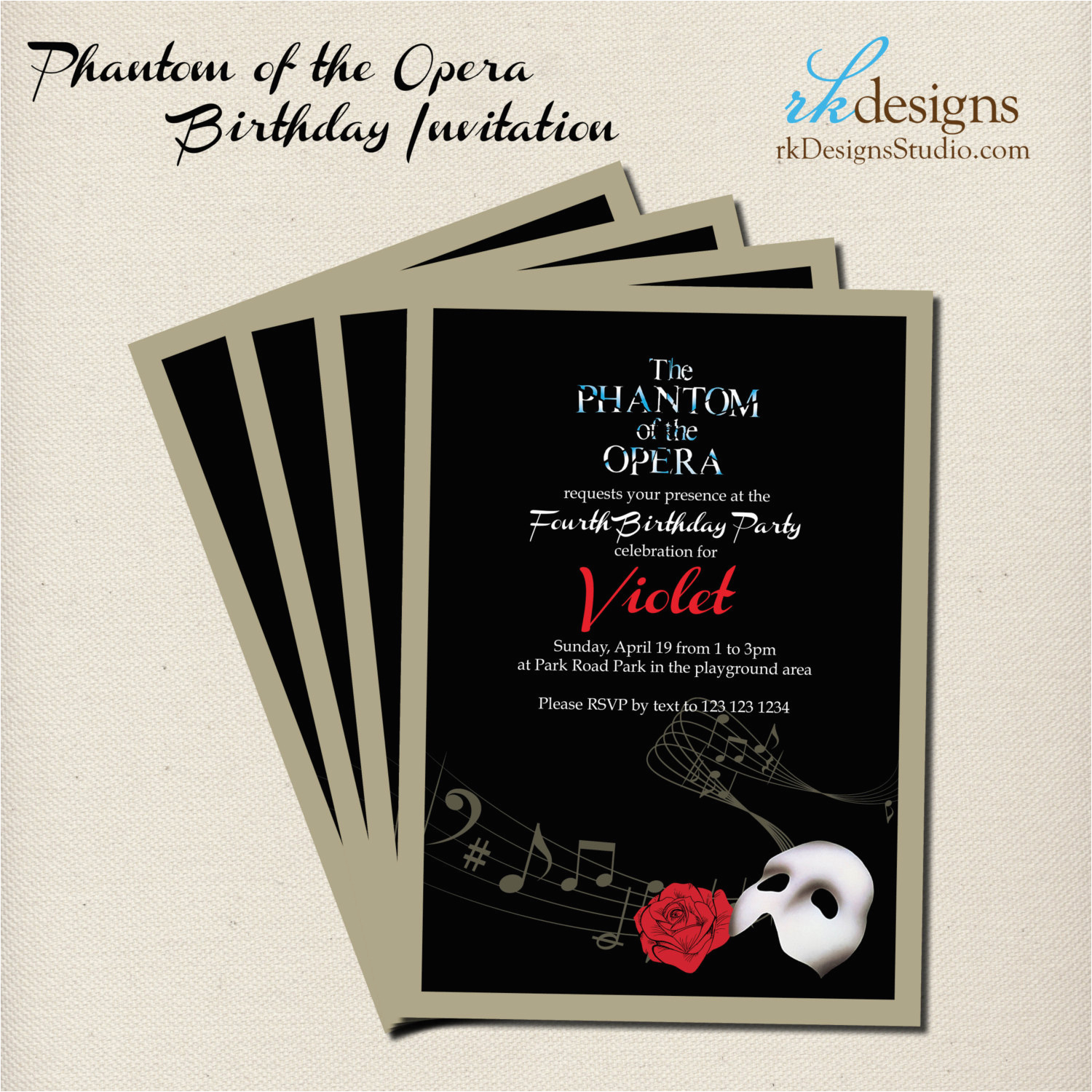 phantom of the opera party invitation and envelope