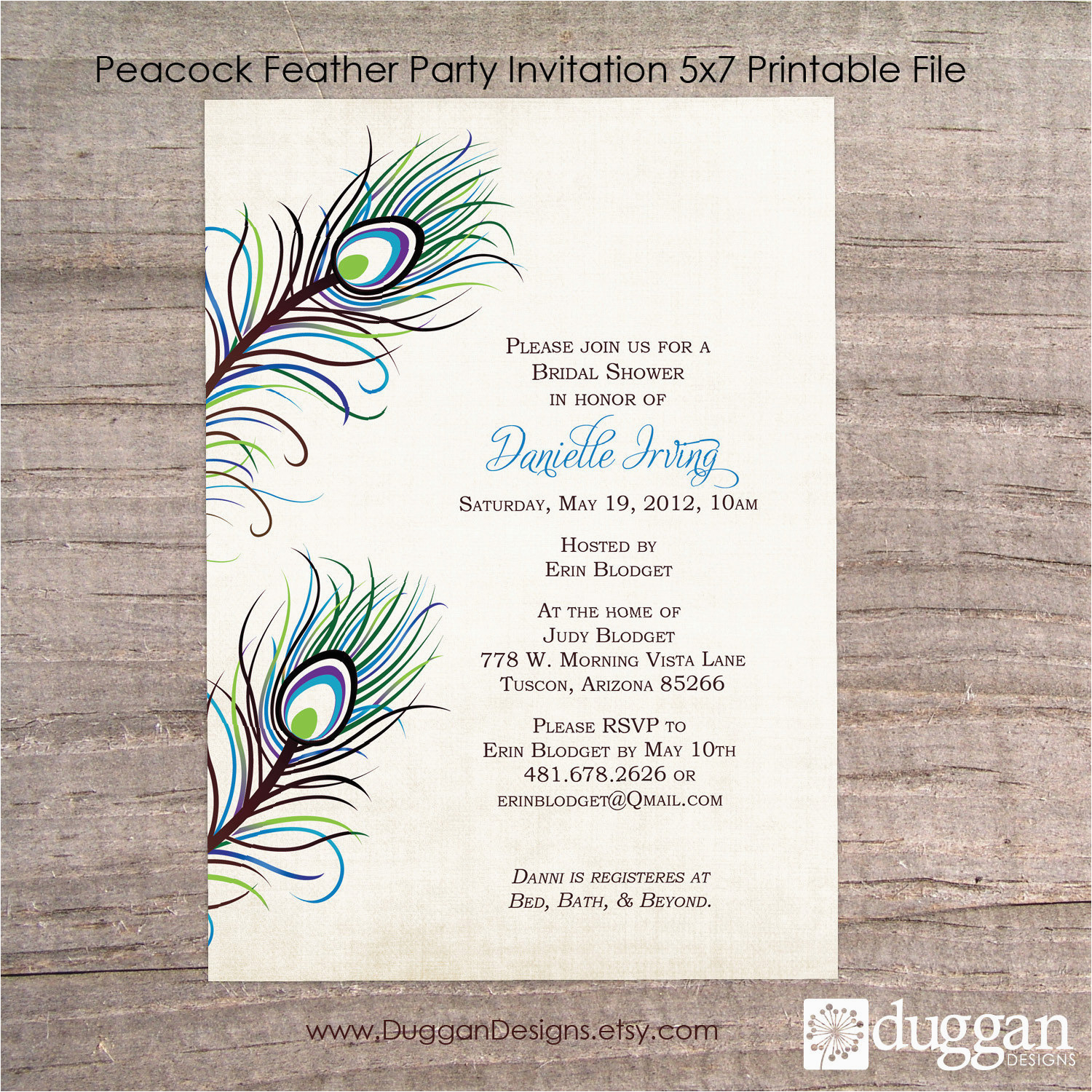 printable peacock party invitation 5x7