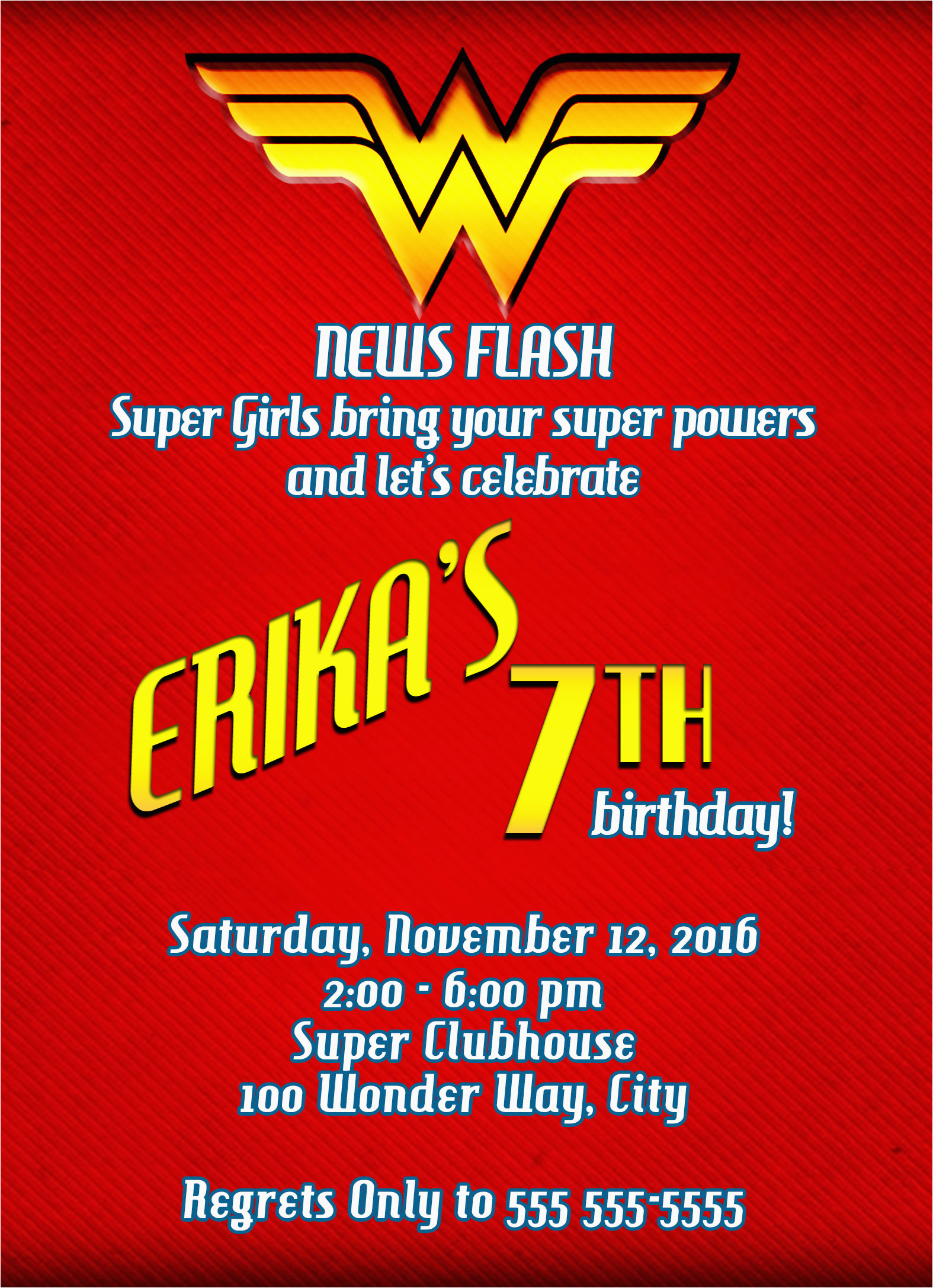 wonder woman superhero personalized birthday invitation 2
