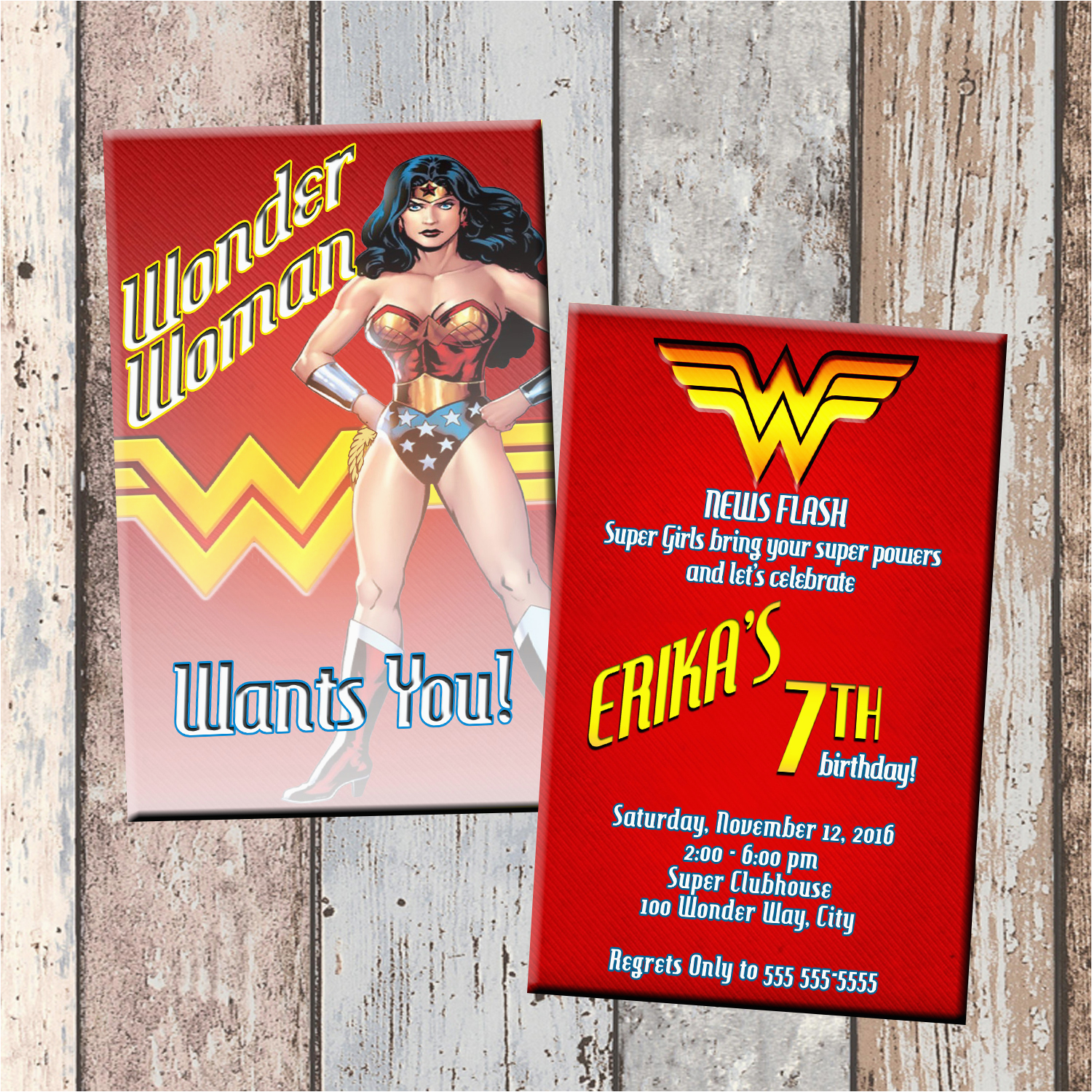 wonder woman superhero personalized birthday invitation 2