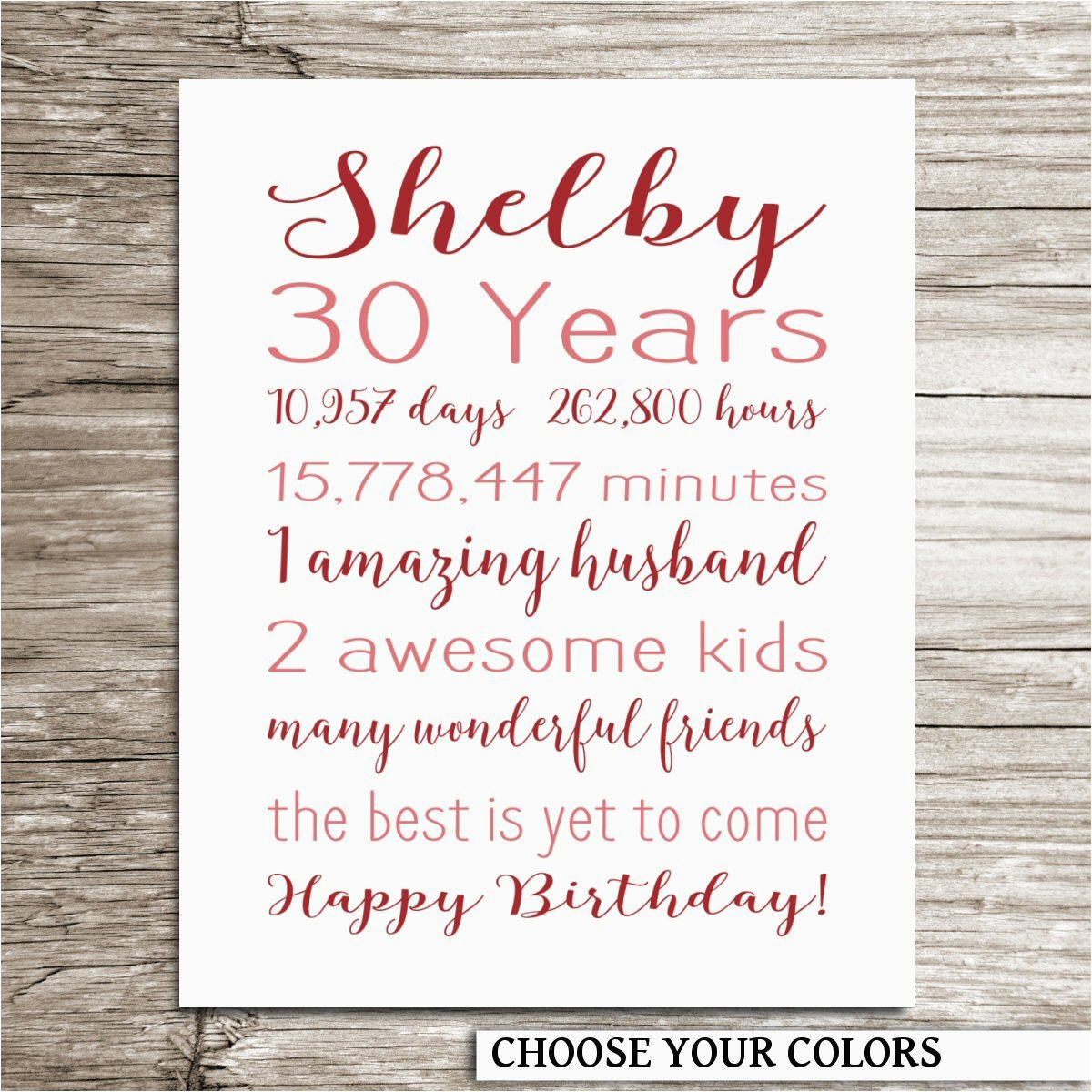 30th birthday gift birthday sign personalized print for her