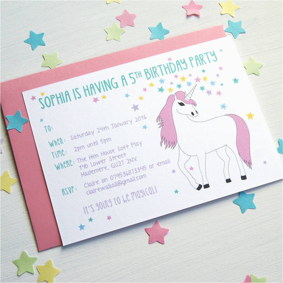 unicorn personalised birthday party invitations