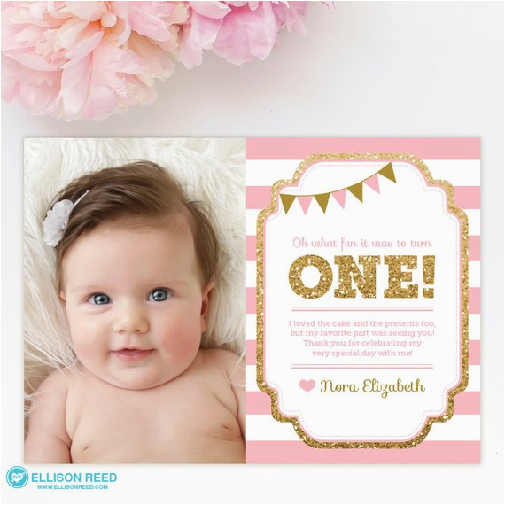1st birthday thank you card 1st birthday thank you note pink