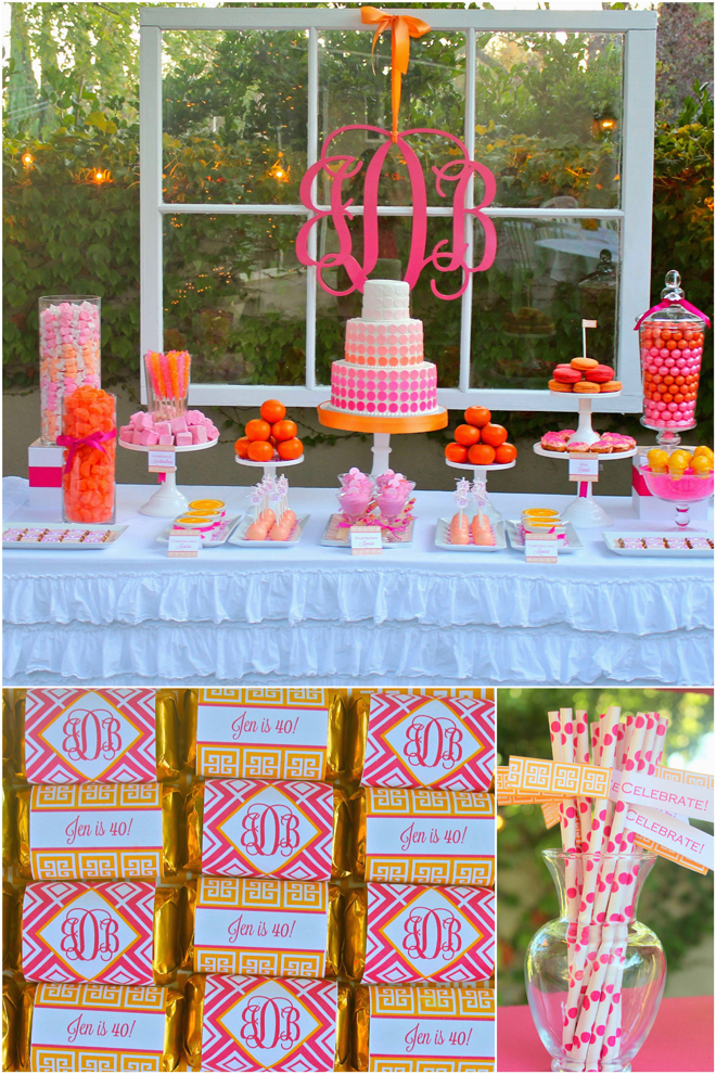 pink orange monogram 40th birthday party