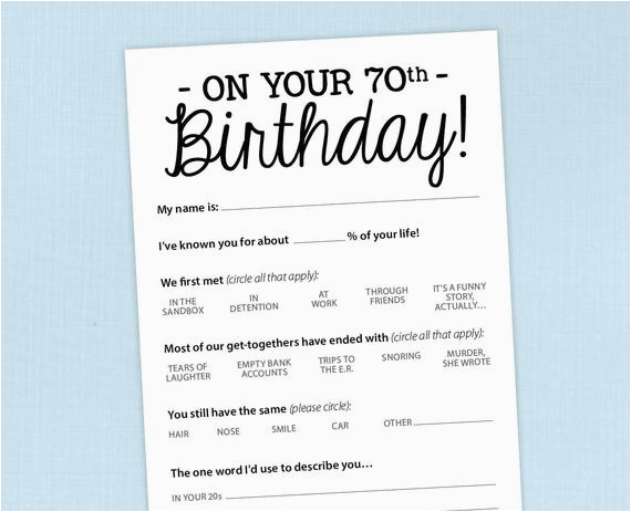 70th birthday party game card funny
