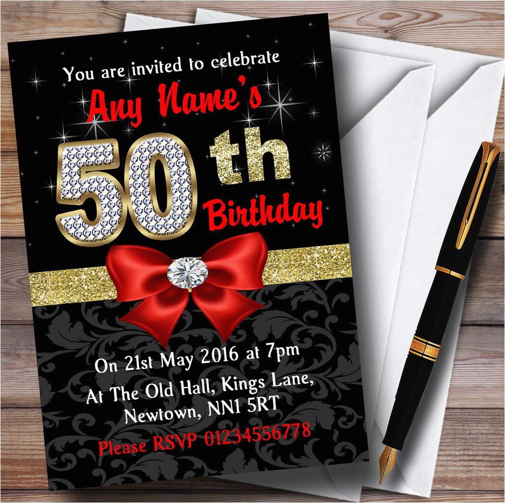 red black gold diamond 50th birthday party personalised invitations