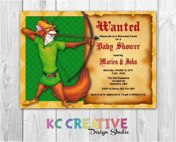 robin hood themed custom printable baby shower invitation