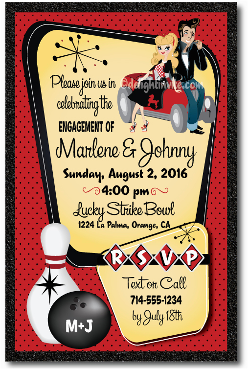 rockabilly 1950s retro bowling engagement party invitations p 4134