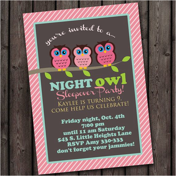 customized same day sleep over invitation owl invitation