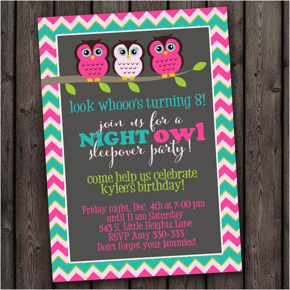 customized same day sleep over invitation owl invitation