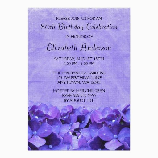 purple hydrangeas 80th birthday party invitations 80
