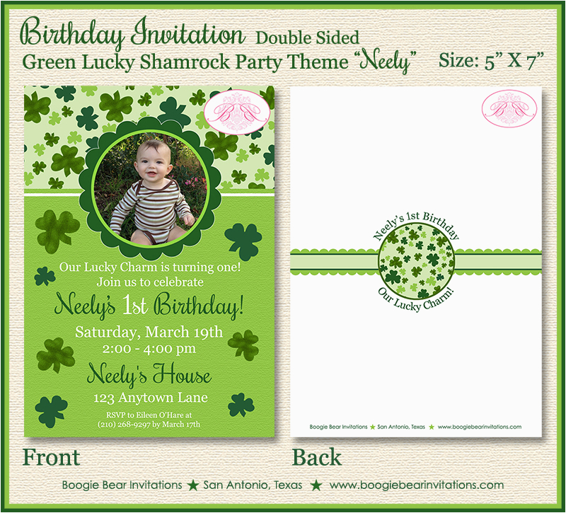 green lucky shamrock photo birthday party invitation neely theme