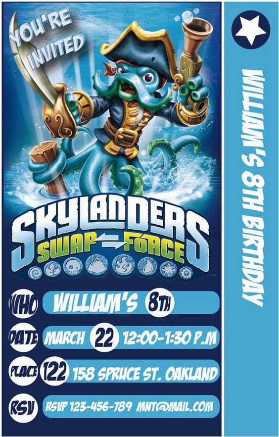 skylander swap force card birthday party invitation
