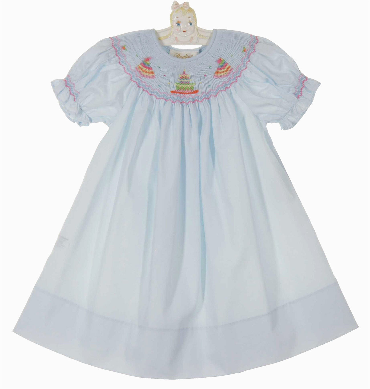 new rosalina pale blue bishop smocked dress with birthday cake embroidery