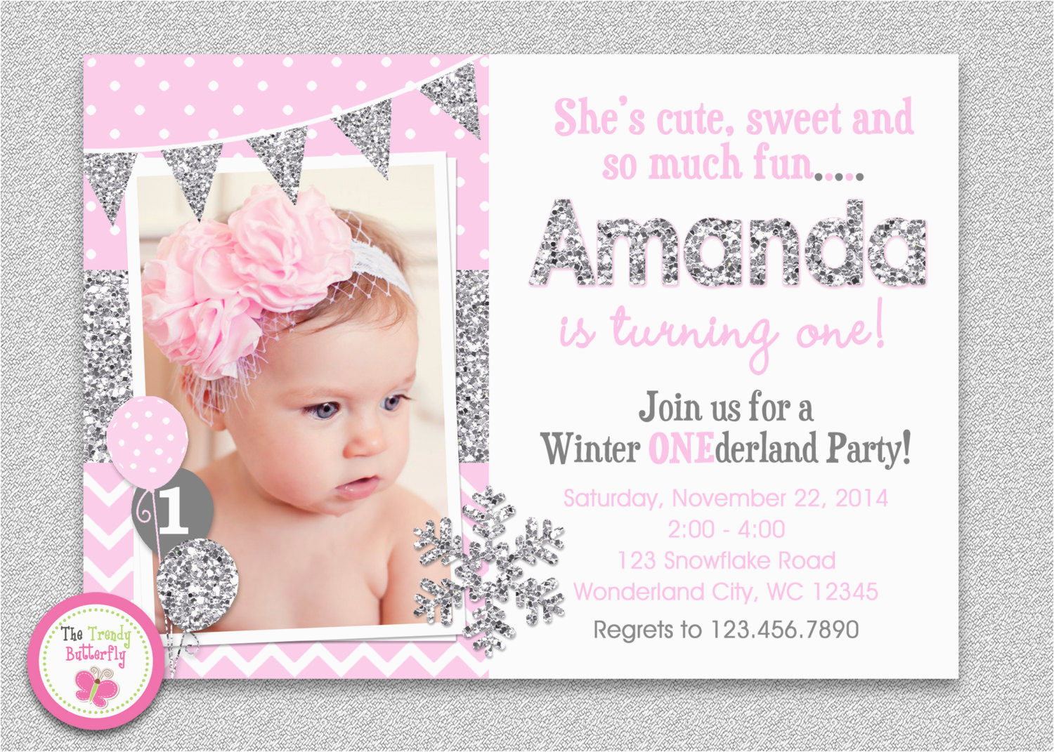 Snowflake 1st Birthday Invitations Winter Wonderland Birthday Invitation Silver Pink Winter