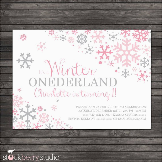Snowflake Birthday Invitations Printable Winter Onederland Invitation Printable Pink Gray Winter