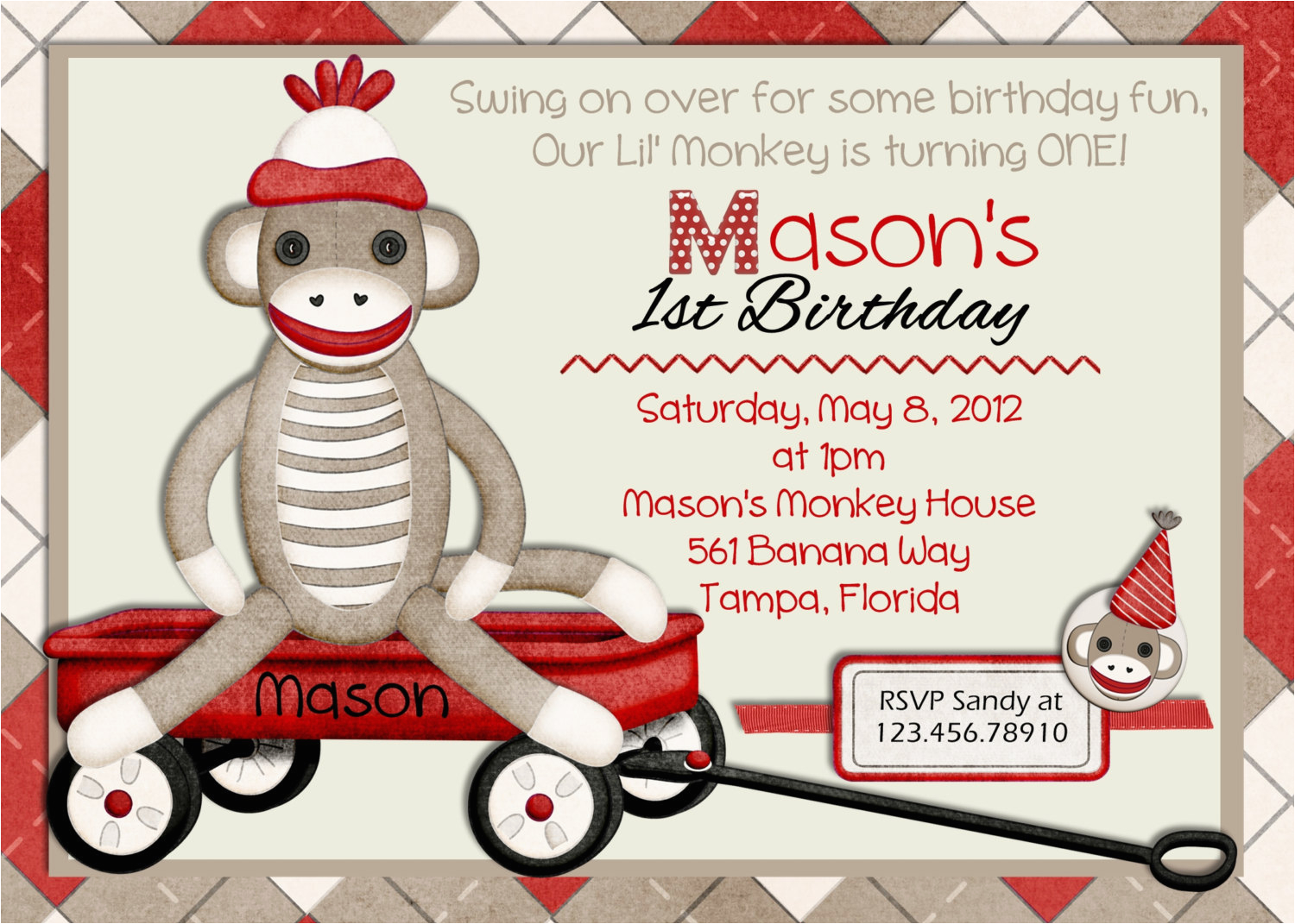 Sock Monkey Birthday Party Invitations sock Monkey Birthday Invitation Printable and Custom