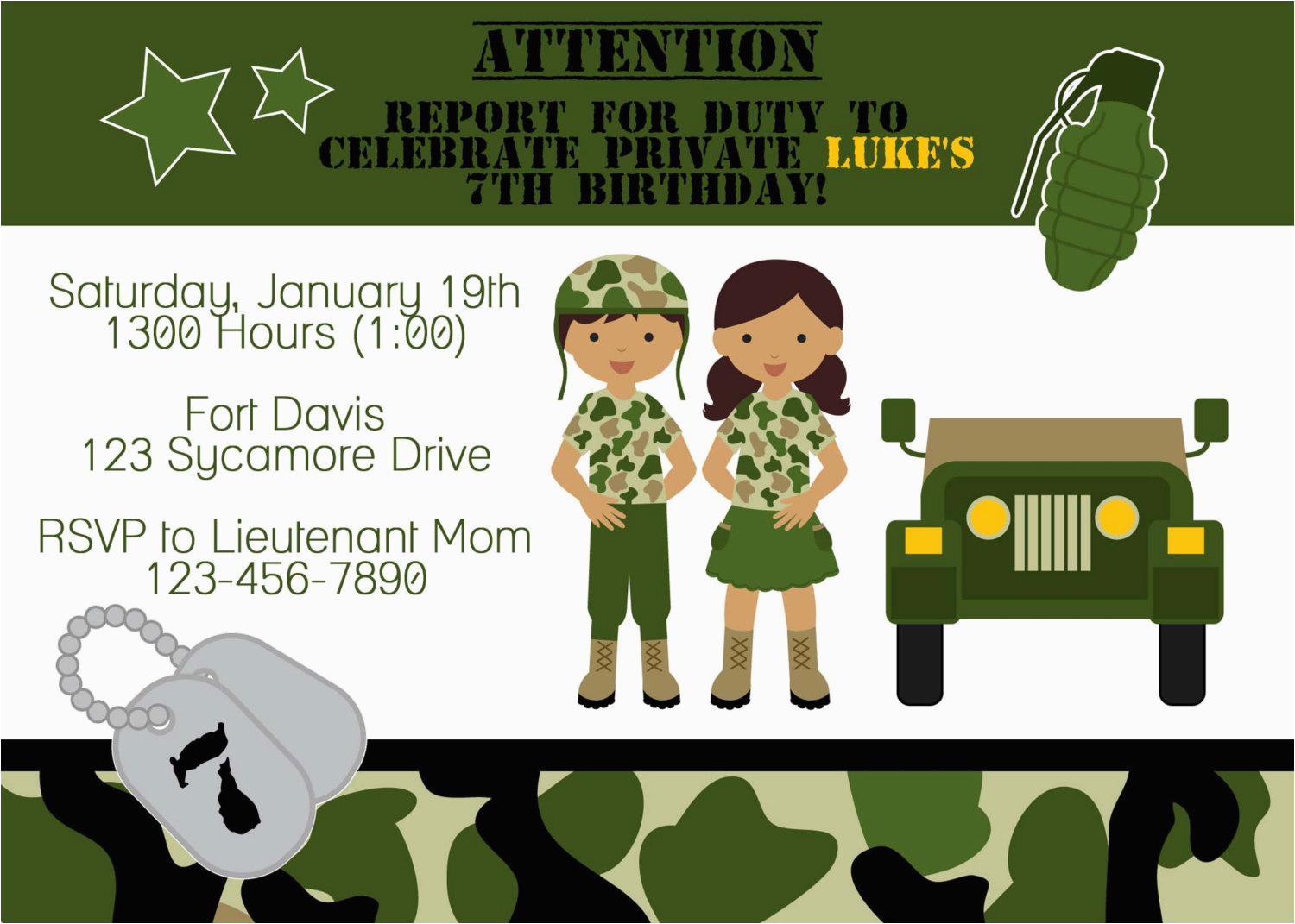 army soldier birthday party invitation