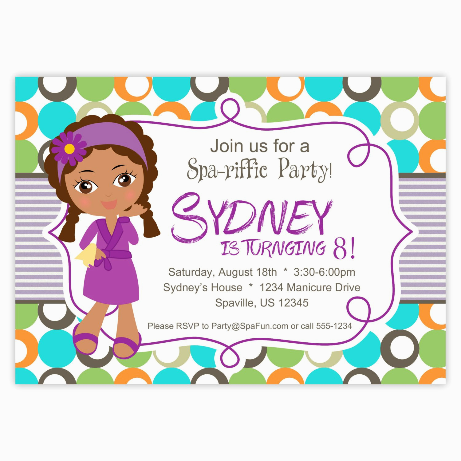 spa party invitation lime turquoise and orange polka dots