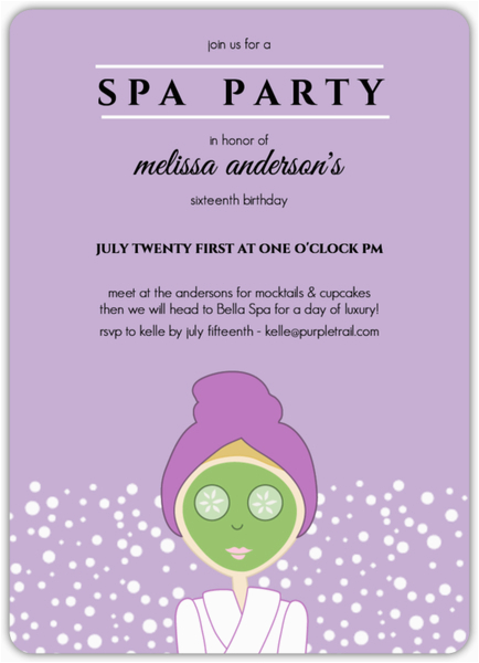purple spa girl birthday party invitation